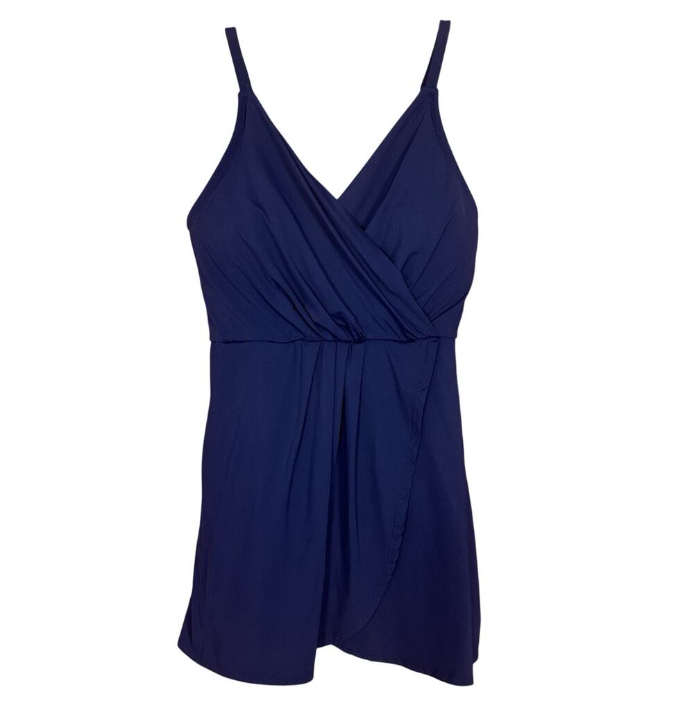 Lands End Womens Swimsuit Navy Blue One Piece Swim Dress Wrap Adjustable Large